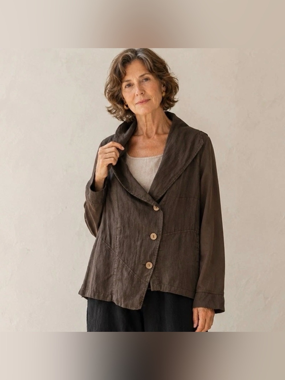 FLAX Linen Jacket Petite P Brown Button Front Lagenlook Made Lithuania